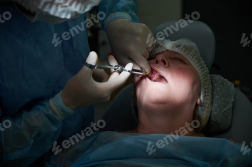 Preview: Dentist injecting anesthetic medicine into patient inner cheek or gum.