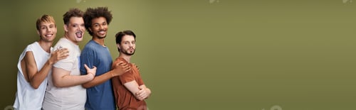 Preview: Group of four queer friends showcasing pride and solidarity in a vibrant setting