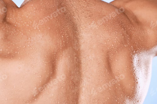 Preview: Man, back and water drops from shower, clean and closeup with skincare and muscle with wet skin. Fr