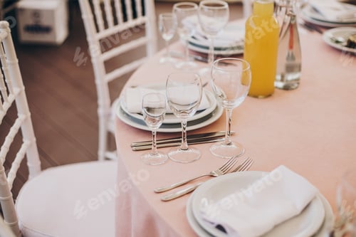 Preview: Wedding setting, tender pink table with glasses, cutlery, napkin and delicious food and drinks