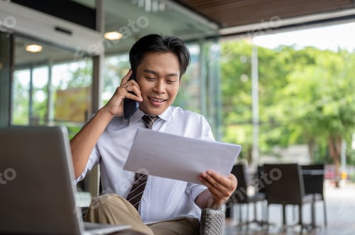 Preview: Male office worker holding documents talking on phone sitting at wooden table in cafe or coffee shop