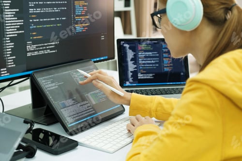 Preview: Close up programmer is coding and programming software.