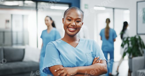 Preview: Nurse, face or arms crossed in busy hospital for about us, medical life insurance or wellness suppo