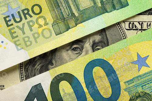 Preview: Hundred dollar bill Benjamin Franklin portrait looks behind euro banknotes.