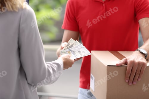 Preview: Woman paying courier for delivered parcel on doorstep