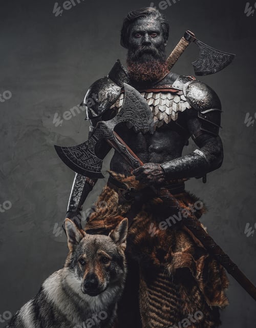Preview: Demonic warrior with his wolf standing together in dark background