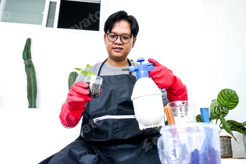 Preview: Careful Gardener Guy Spraying Young Plant With Water