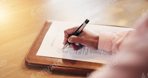 Preview: Desk, hands and black person with document for signature, legal agreement and approval of complianc