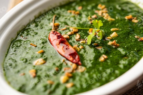 Preview: lasooni palak recipe or dhaba style garlic spinach curry, Indian main course served with naan