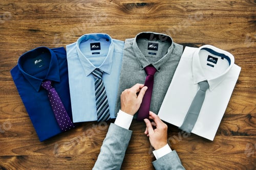 Preview: Folded Shirts and Tie Selection on Wooden Table
