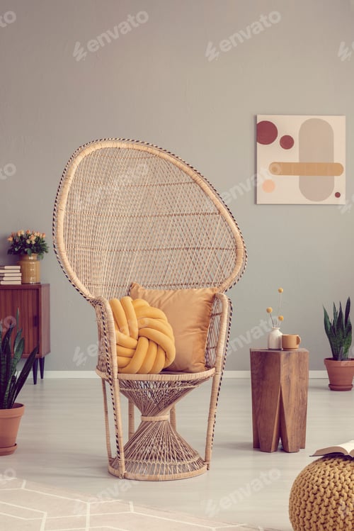 Preview: Wicker peacock chair with pillows in retro living room interior