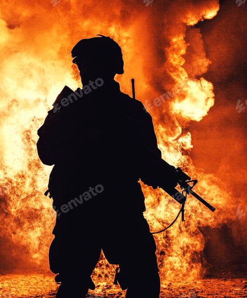Preview: Soldiers silhouette on background of fire explosion