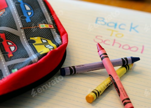 Preview: Back to School: Conceptual image of backpack and school supplies on desktop.
