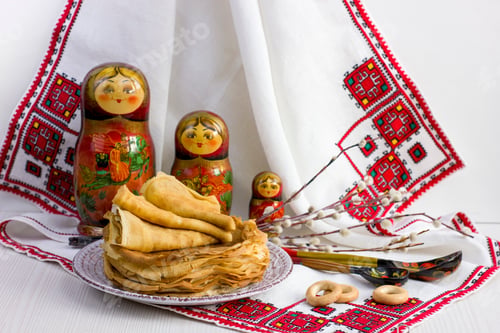 Preview: Background with pancakes, matryoshka, rushnik, sushki for Maslenitsa festival.