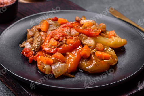 Preview: Baked vegetables, eggplant, peppers and carrots on a black plate