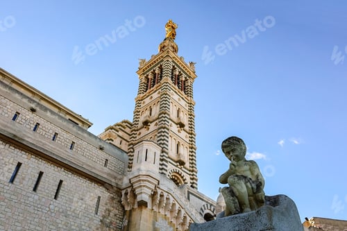 Preview: View of Notre Dame de la Garde on top of hill in Marseille. Basilica of Our Lady of Guard with