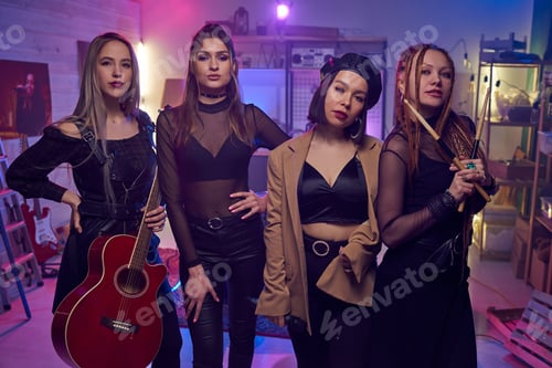 Preview: Row of female musicians standing in studio of sound records