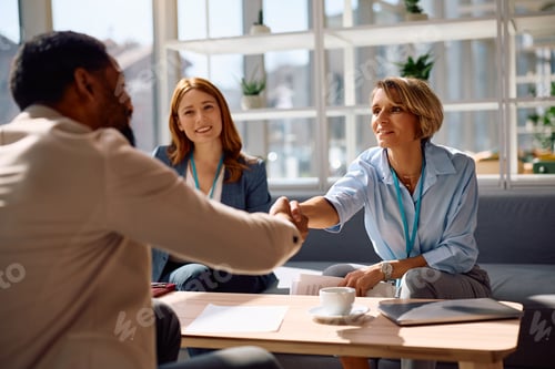 Preview: Happy CEO greeting her colleague on a business meeting in the office.