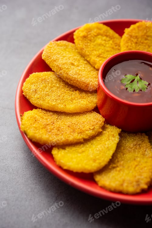Preview: crispy potato rava fried slices or batatyache kaap or batata semolina fry snacks from India