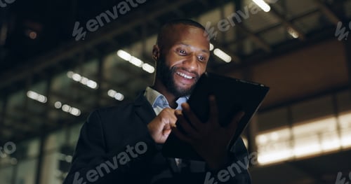 Preview: Tablet, search and happy businessman walking in city with social media, scroll or web chat outdoor.