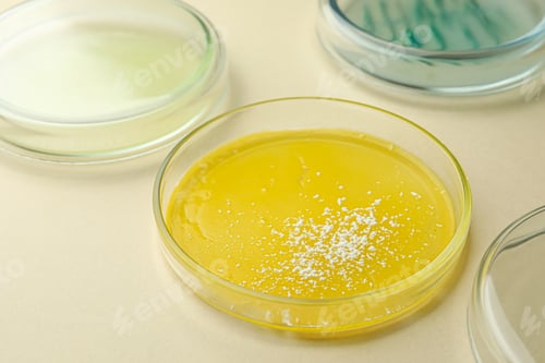 Preview: Petri dishes with different bacteria colonies on beige background, closeup