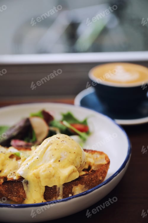 Preview: Egg Benedict , Poached Eggs With Toast On Wood Background , English Breakfast
