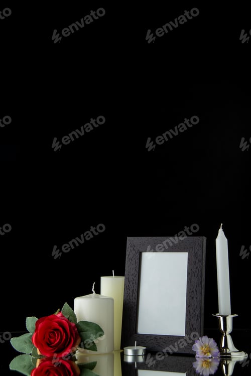 Preview: front view of white candles with picture frame on black background funeral war death palestine