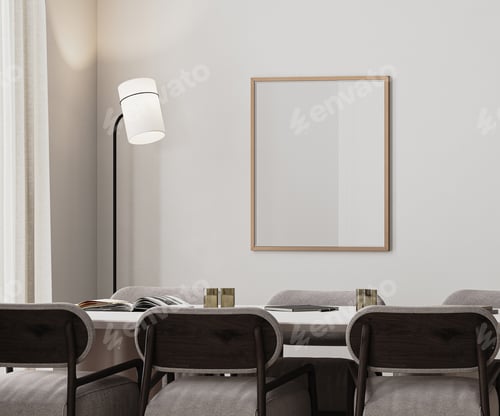 Preview: wooden poster frame mock-up in meeting room interior with long desk, 3d render