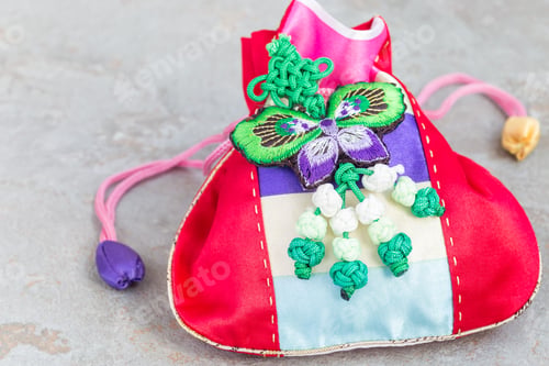 Preview: Korean traditional new year's lucky bag on grey background, copy space