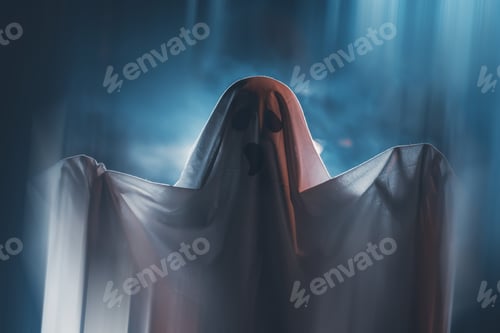 Preview: Halloween concept with ghost in smoky night