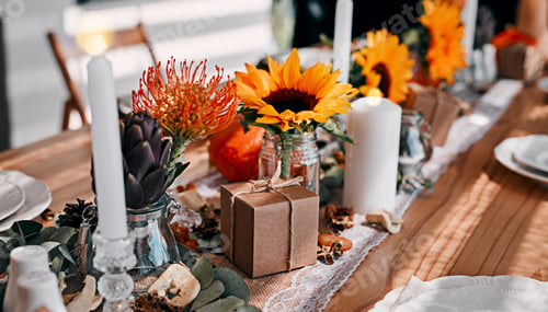 Preview: Were thankful for your company. Shot of a table set up for a Thanksgiving celebration at home.