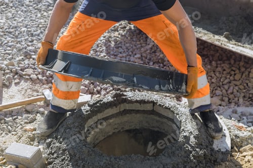 Preview: Sewerage construction with utility worker installing underground well manhole sewage