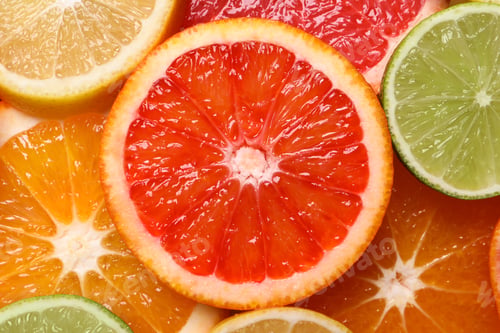 Preview: Fresh juicy citrus fruits as background, top view