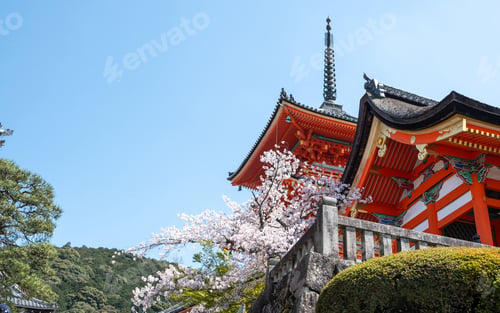 Preview: Kiyomizu deraTemple and Sanjunoto pagoda Spring season, cherry blossoms, blue sky, Japan Kyoto