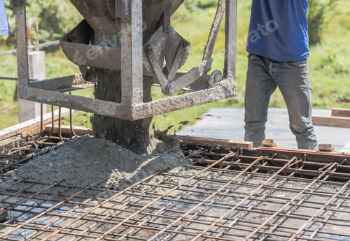 Preview: Worker open cement bucket tank machine on fence frame steel structure floor concrete building site