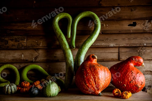 Preview: Close up of a selection of green and orange pumpkins on wooden shelf.
