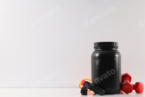 Preview: Black plastic jar, jump rope and dumbbells on white background, space for text