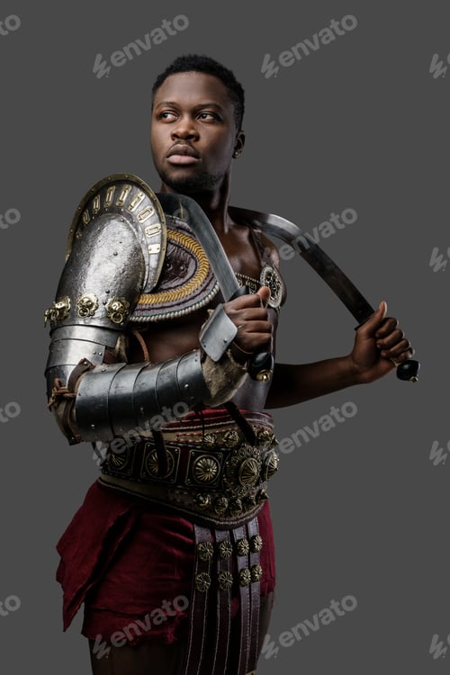 Preview: African roman gladiator with twin swords isolated on gray