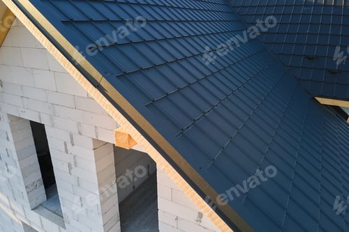 Preview: Aerial view of unfinished house with aerated lightweight concrete walls and wooden roof frame