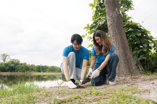 Preview: Happy Volunteer Couple Planting Trees Together in a Park for Environmental Conservation and