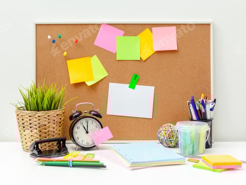 Preview: Work place of a creative person with a variety of colorful stationery objects