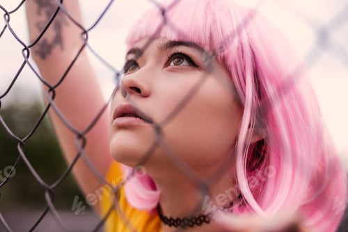 Preview: Asian teenager behind fence looking up