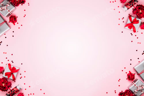 Preview: Saint Valentine Day card template, greeting or invitation flat lay for wedding