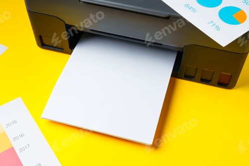 Preview: Modern printer with paper on yellow background
