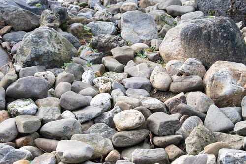 Vorschau: Hochwinkelaufnahme des mit kleinen und großen Flusssteinen bedeckten Bodens