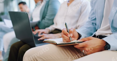 Preview: Recruitment, row and business people writing in notebook for hiring, job interview or work opportun