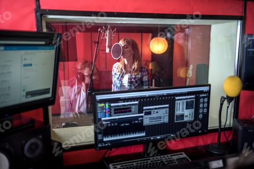 Preview: Female singer during vocal recording at music studio