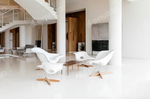 Preview: Modern interior design of a leaving room with white furniture