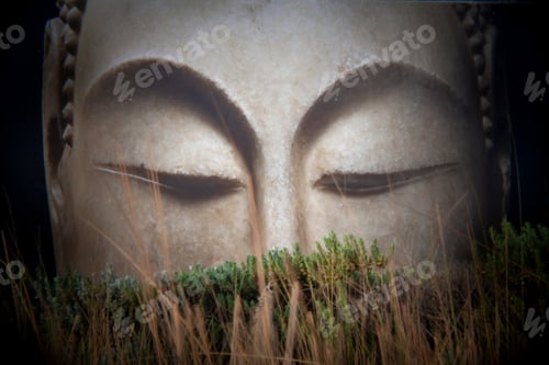Preview: Buddha's closed eyes. Creative artwork on the wall.