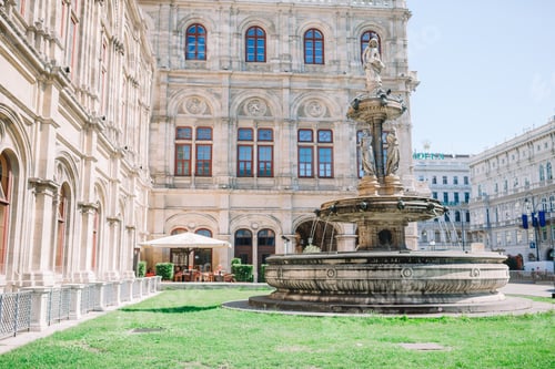 Preview: Vienna Opera house, Austria. Photo view on fountain at vienna opera state house